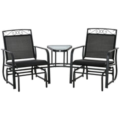 Outdoor Glider Chairs with Coffee Table, Patio 2-Seat Rocking Chair Swing with Breathable Sling for Backyard, Black