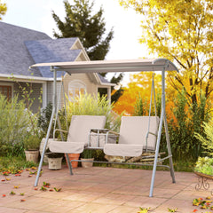 2-Seater Outdoor Porch Swing with Canopy and Table, Patio Swing Chair for Garden, Poolside, Backyard, Beige