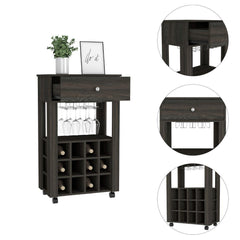 Symphony Bar Cart, Twelve Built-in Wine Rack, Four Legs, One Open Shelf -Espresso