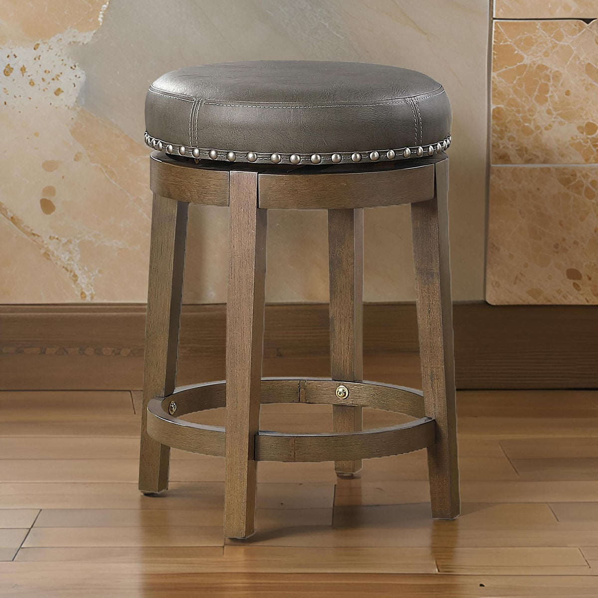 Utopia 25 Inch Swivel Counter Stool Gray Round Faux Leather, Brown, Set of 2