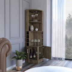 Story Corner Bar Cabinet, Eight Bottle Cubbies, Double Door, Two Open Shelves -Dark Brown