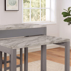 Rustic 5pc Dining Set Counter Height Dining Table w Storage drawer Faux Marble Top 4x Stools Light Gray Dining Room Furniture