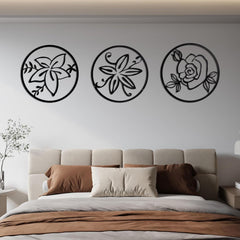 Melody 3 Piece Set Wall Decor, Floral Hollow Out Abstract Design, Black Round Metal Frame