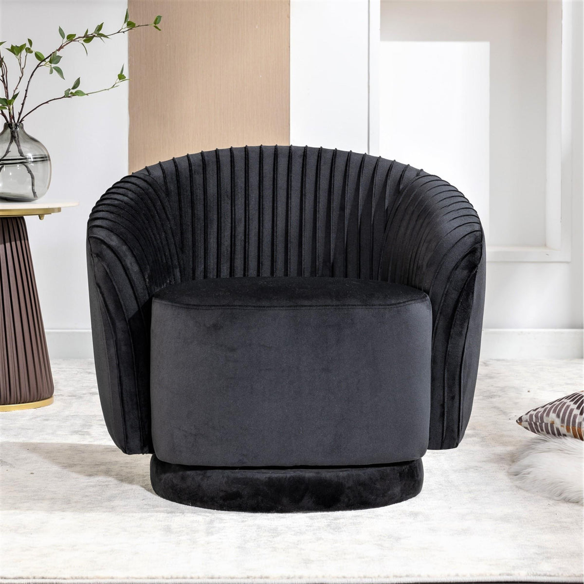 Velvet 360 Degree Swivel Barrel Chair, Pleated Modern Accent Armchair with Sturdy Base and Thick Padded Cushion, Leisure Round Sofa Chair for Living Room Bedroom Office Hotel Nursery