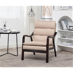 Mid-Century Modern Light Camel Accent Chair with Wood Armrest, Upholstered Reading Chair for Living Room Bedroom
