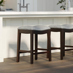 Sanctuary H Counter-Height Wood Barstool with Gray Faux-Leather Seat, 1PC