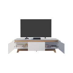 Ares Tv Stand, Two Doors Modern Entertainment Center, Open Shelves And Cable Management, White/ Natural Oak
