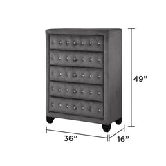 Story Modern Style Crystal Tufted Upholstery 5-Drawer Chest finished with Velvet Fabric made with Wood in Gray
