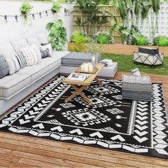 Reversible Outdoor Rug, Waterproof Plastic Straw with Carry Bag, 8' x 10', Black & White Rhombus Patchwork