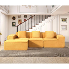 Moon Convertible Corduroy Sectional Couch with Ottoman & Pillows, Modular L Shaped Sleeper Sofa, Boneless Cloud Couch for Living Room Furniture, Ginge Yellow