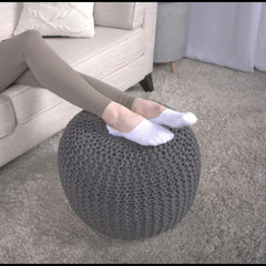 Poseidon Knitted Cotton Round Pouf, Gray