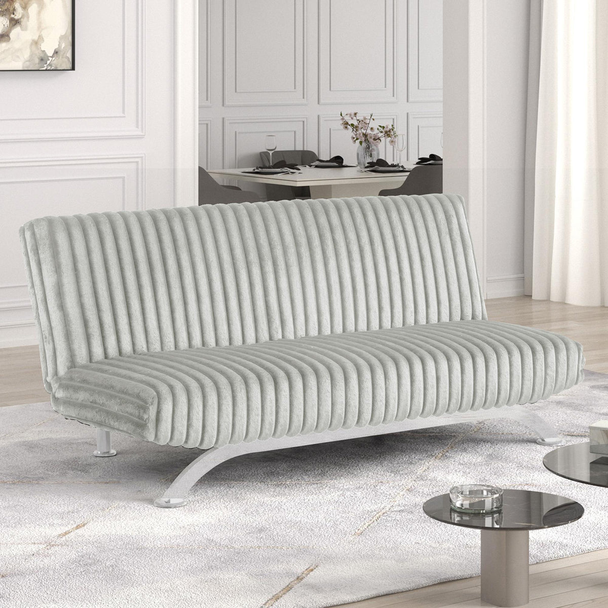 Contemporary Style Light Gray Finish Futon Sofa Bed Convert Into Bed With Extra Support Leg Chrome Finish Metal Base Legs