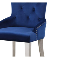 Blue Velvet Chair 1pc Button Tufted Nailhead Trim Platinum Finish Wooden Legs Luxury Dining Room Furniture