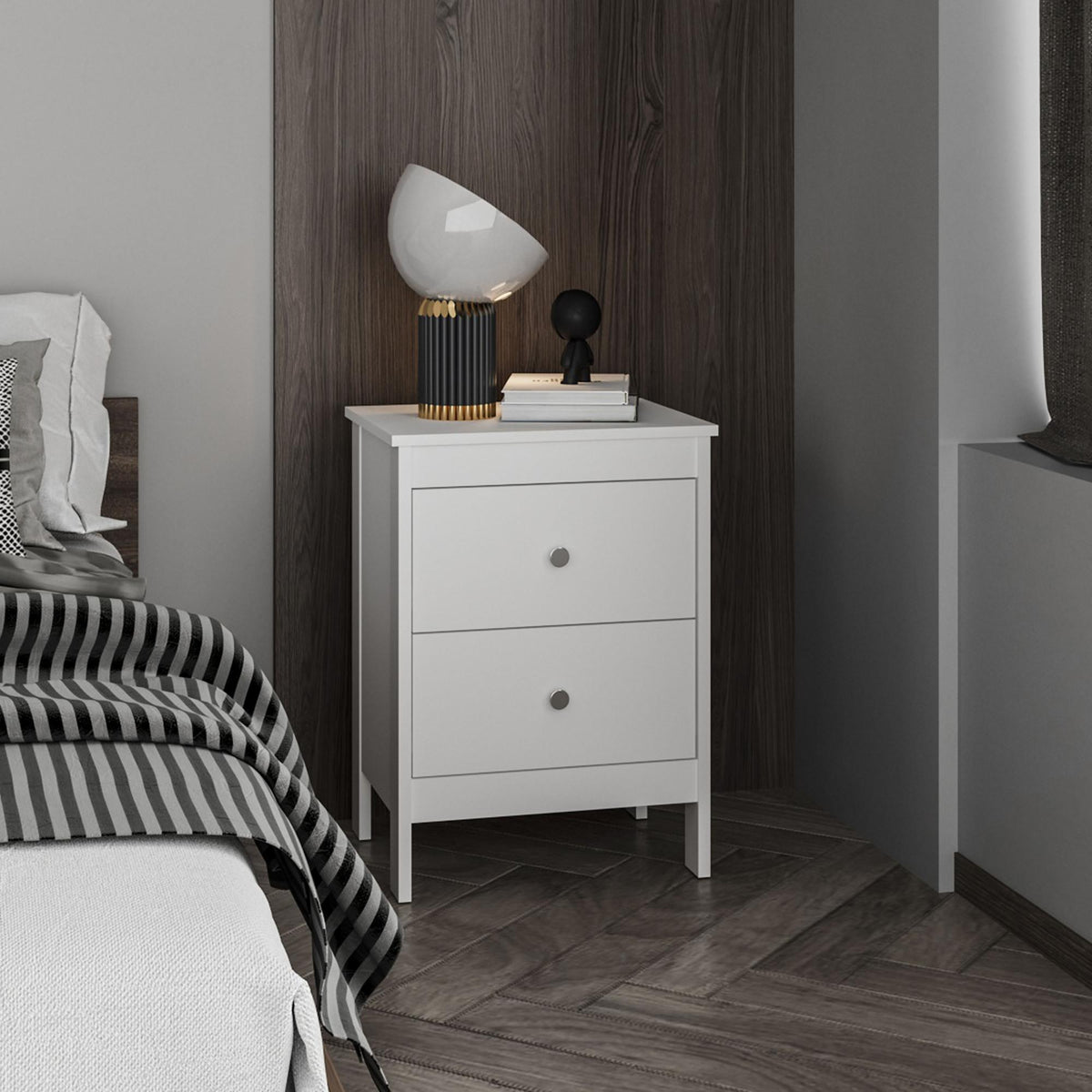 Jason Nightstand Two Drawer And Open Shelf, Modern Bedside Table, White