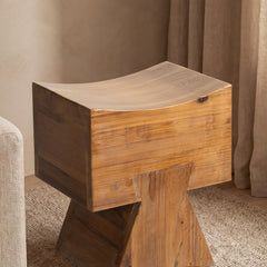 Menelaus Reclaimed Wood Sculptural Stool Ottoman, Honey Aged Brown Reclaimed Pine Wood