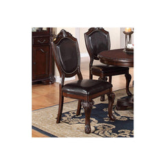 Paradise Majestic Formal Set of 2 Side Chairs Brown Color Rubberwood Dining Room Furniture Intricate Design Faux Leather Upholstered Seat