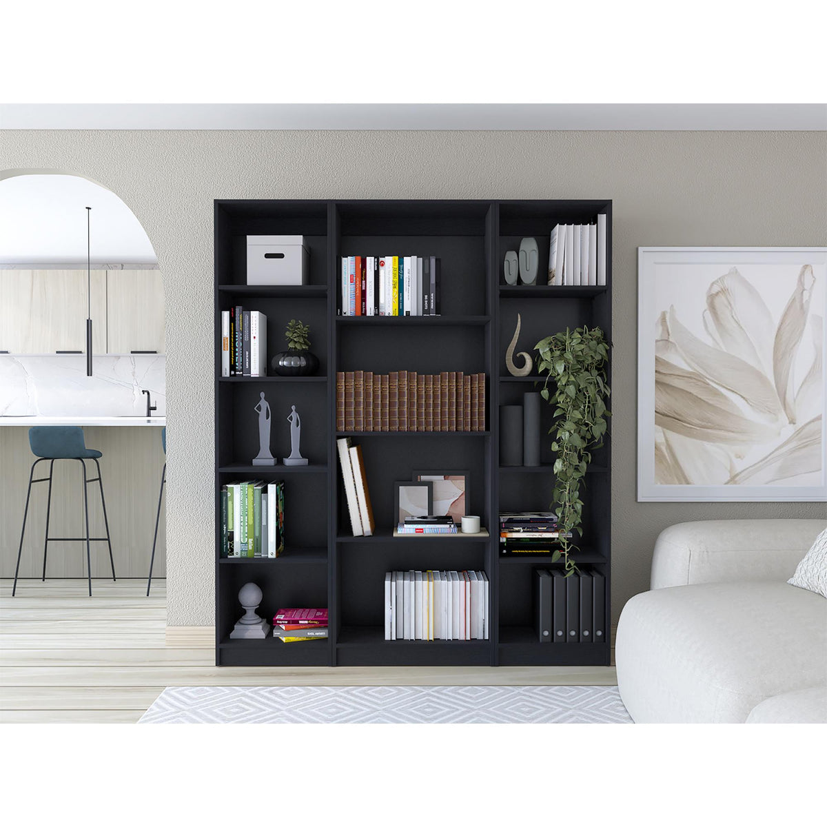 Halo 3 Piece Home Bookcase set, 60" Wide with 14 Shelves , Living Room Set Set Black