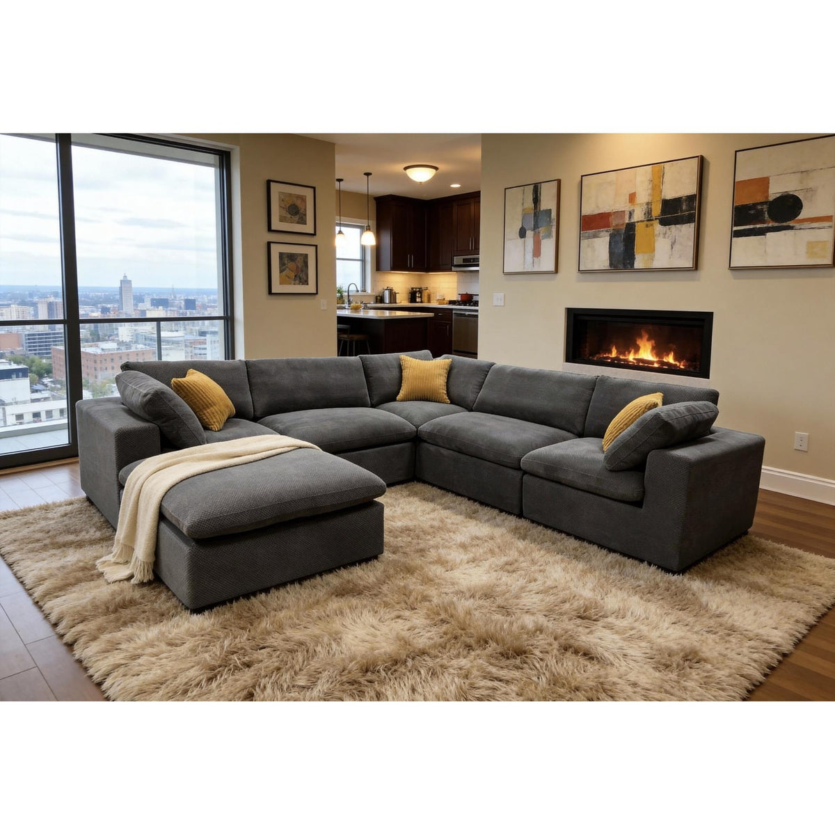 Coffee Bean Like Upholstery Full Compressed Modular Sectional with Toss Pillows