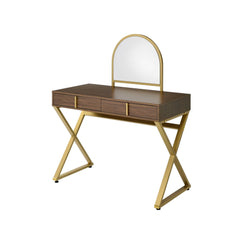 Aura Walnut & Gold Finish Vanity Desk W/Mirror & Jewelry Tray