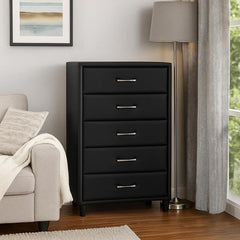 5 Drawer Leatherette Wooden Frame Chest with Tapered legs, Black