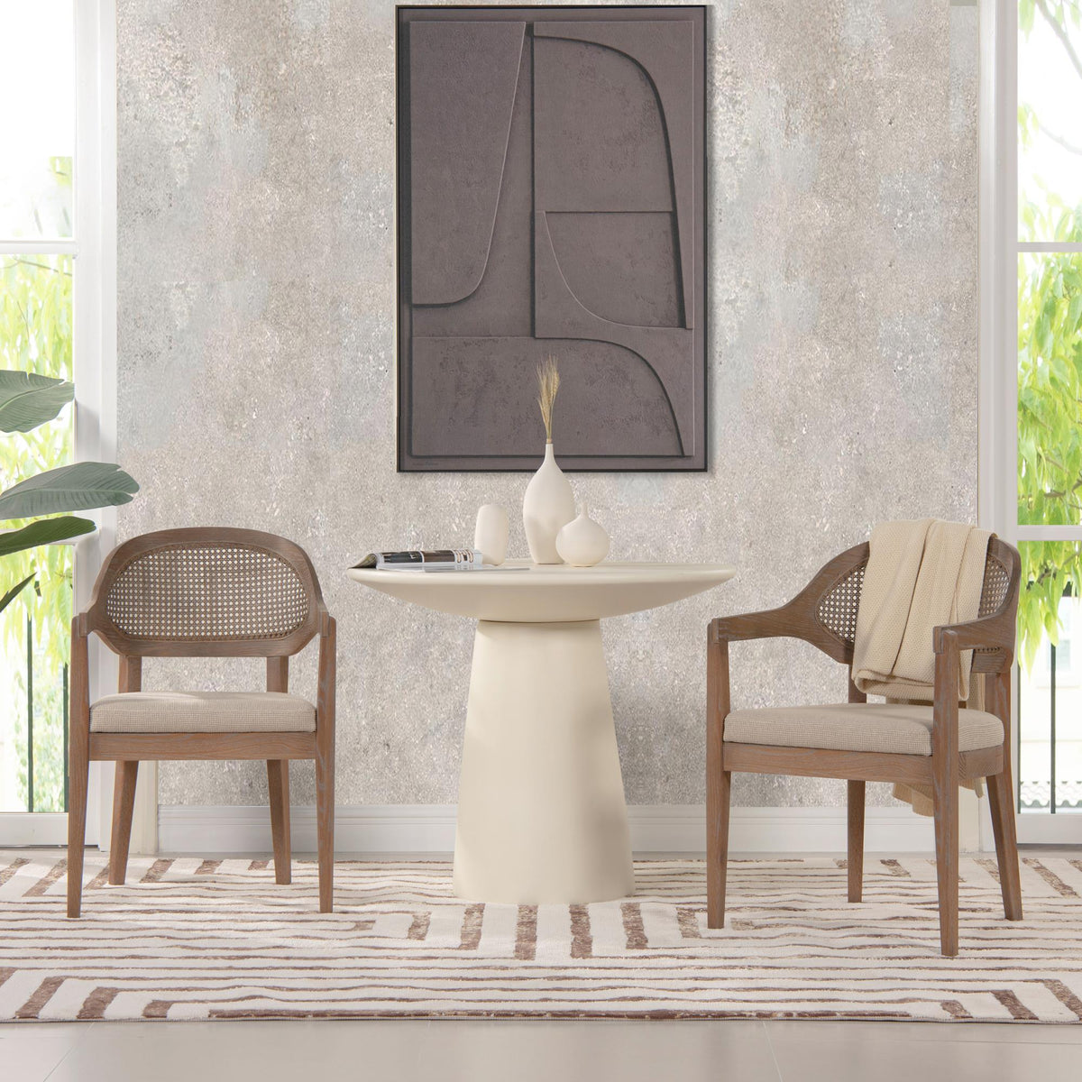 Ares Mid-Century Modern Cane Back Dining Chair, Taupe Beige Textured Weave