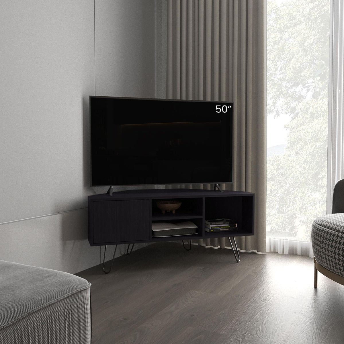 Revelation Corner Tv Stand, With Two Shelves And Two Cabinets, Black