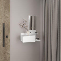 Record 23.6" Wide 3-Tier Shelf Floating Mirror Console Table, Full Extension Drawer White