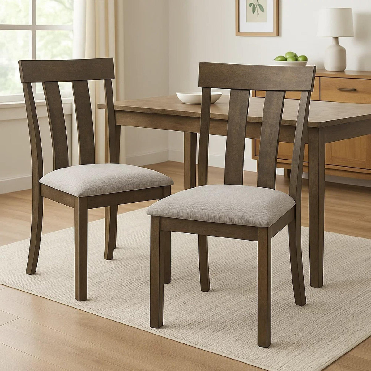 Aphrodite Set of 2 Dining Chairs, Brown Wood Slatted Back, Gray Fabric Seat