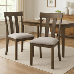 Aphrodite Set of 2 Dining Chairs, Brown Wood Slatted Back, Gray Fabric Seat