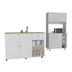 2 Piece Kitchen Set, Kitchen Island Cart + Kitchen Pantry Cabinet, White / Light Oak