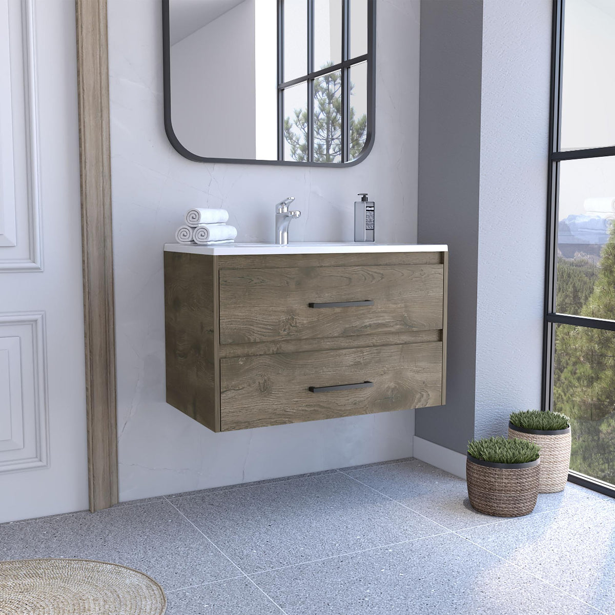 Rhea Floating Vanity Sink with 2-Drawers Dark Brown / White