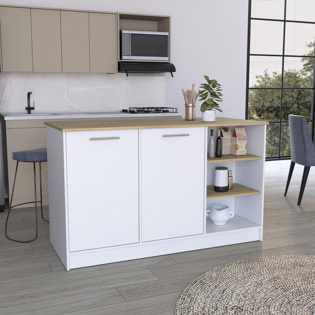 Archive Kitchen Island, Three Open Shelves, Two Cabinets White - Natural Oak