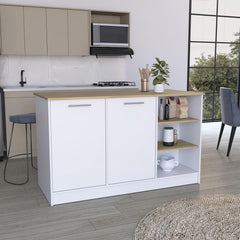 Archive Kitchen Island, Three Open Shelves, Two Cabinets White - Natural Oak