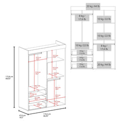 Clytemnestra Adjustable Armoire, Rods, Double Door Cabinet, Three Drawers, Two Shelves White