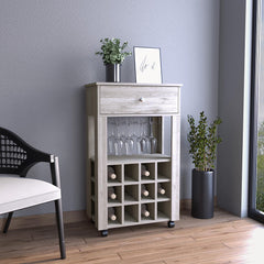 Symphony Bar Cart, Twelve Built-in Wine Rack, Four Legs, One Open Shelf -Light Gray