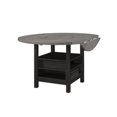 1pc Farmhouse Contemporary Counter Height Table with Storage Single Pedestal Round Black Gray Natural Grain Integrated Turntable Drop Leaves and Built-in Shelving