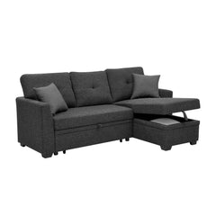 76.5" Linen Blend Upholstered Sectional with Pull-Out Bed and Chaise Storage
