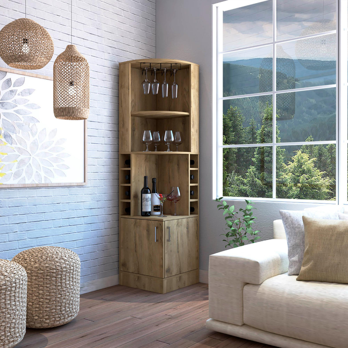 Story Corner Bar Cabinet, Eight Bottle Cubbies, Double Door, Two Open Shelves