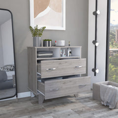 Armageddon Two Drawer Dresser, Two Open Shelves, Superior Top, Four Legs -Light Gray / White