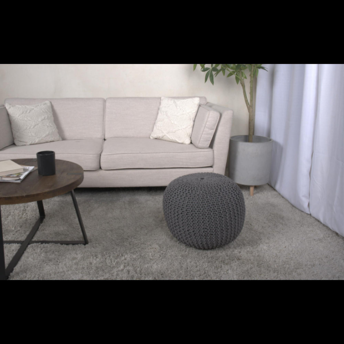 Poseidon Knitted Cotton Round Pouf, Gray