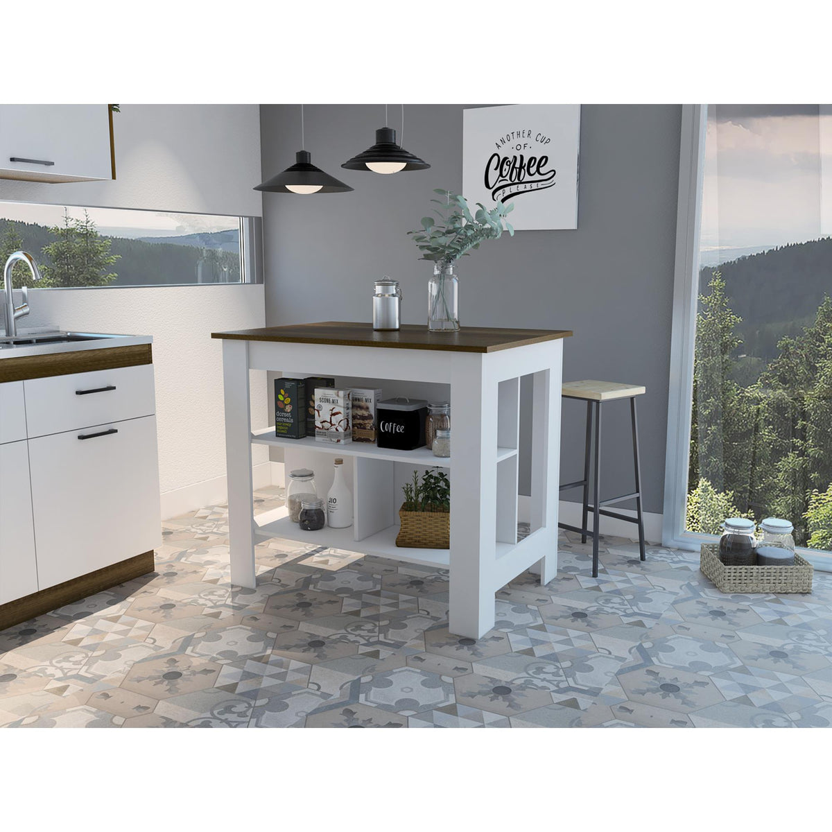Crest 3-Shelf Kitchen Island White and Walnut