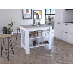 Astyanax Kitchen Island, Four Legs, Three Shelves -White / Ibiza Marble