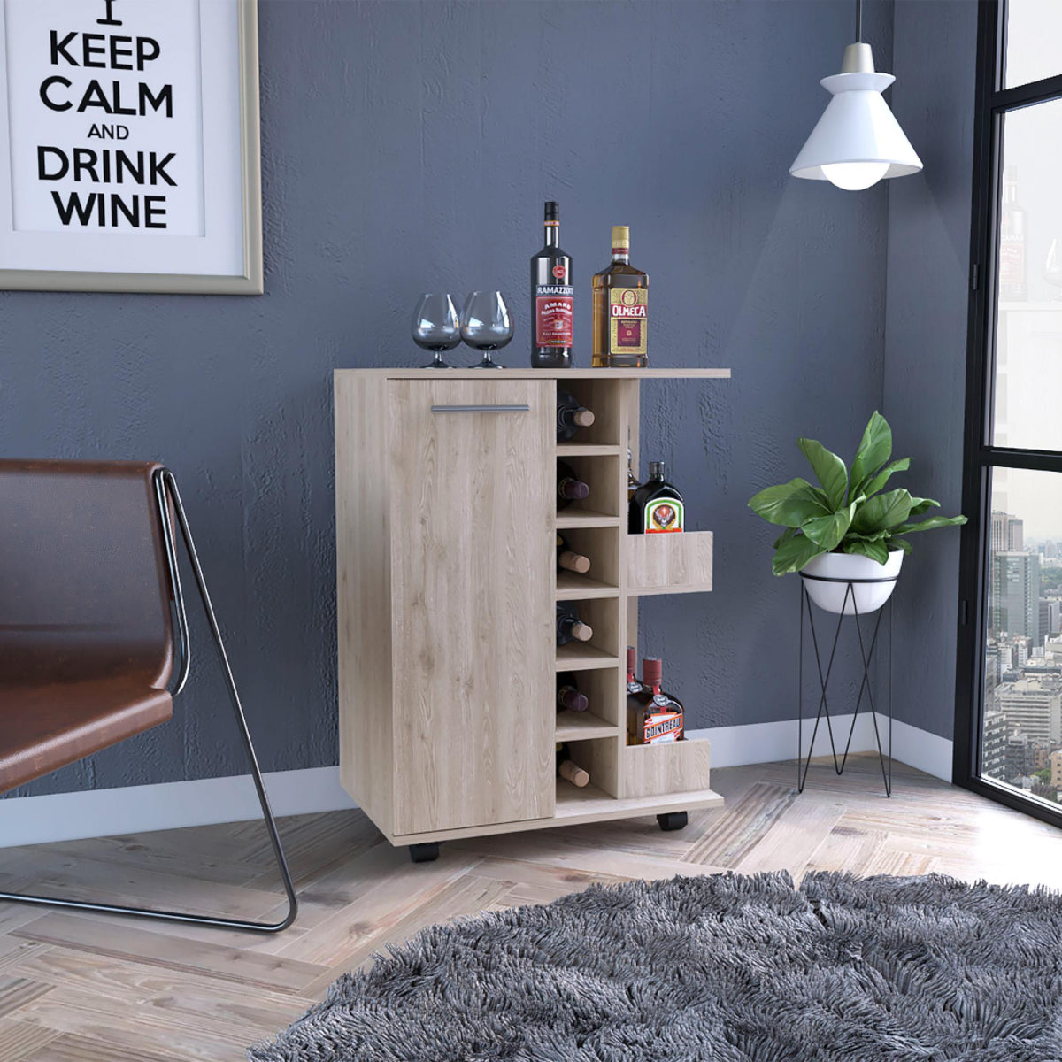 Bar Cart, Four Casters, Single Door Cabinet, Two External Shelves, Light Gray