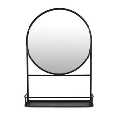 Diary Decorative Wall Mirror, 28 Inch Round Black Metal Frame w Rack