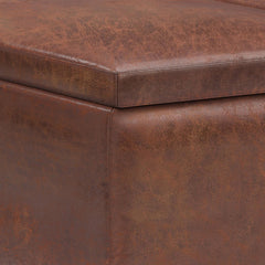 Hecuba 34 inch Wide Tray Top Small Coffee Table Storage Ottoman in Distressed Saddle Brown Vegan Leather