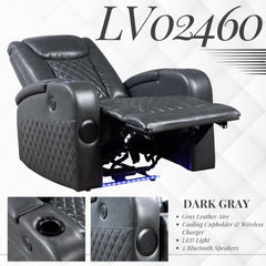 Pluto Dark Gray Leather Aire Power Motion Recliner W/Bluetooth, Wireless Charger & Cupholder