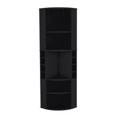 Aura Corner Bar Cabinet with Five Shelves , Eight Bottle Cubbies and Steamware Black