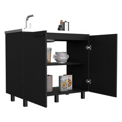 Pulsar 2 Utility Sink with Cabinet, Stainless Steel Countertop, Interior Shelf-Black