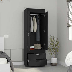 Armoire 70H", Double Door Cabinet, Two Drawers, Metal Handles, Rod, Black