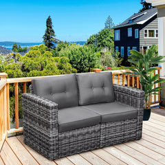 2 Piece Patio Wicker Corner Sofa Set, Outdoor PE Rattan Furniture, with Curved Armrests and Padded Cushions for Balcony, Garden, or Lawn, Gray